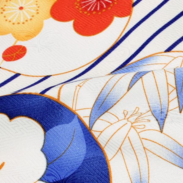 二尺袖着物 単品 「白地 ストライプ 丸に梅椿 FN-88」 お仕立て上がり レディース 洗える着物 二尺袖 着物 袴に合わせて 卒業式 謝恩会に <H>【メール便不可】