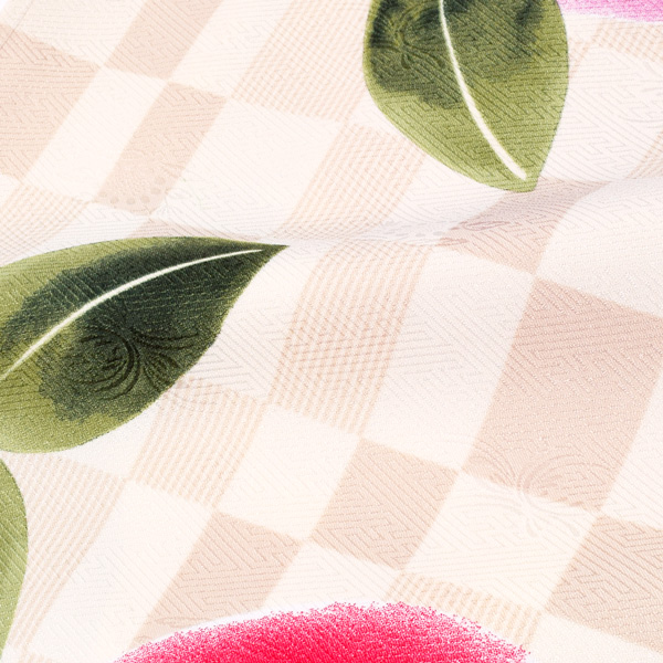 二尺袖着物 単品 「ベージュ市松 ぼかしの椿 FN-124」 お仕立て上がり レディース 洗える着物 二尺袖 着物 袴に合わせて 卒業式 謝恩会に <H>【メール便不可】