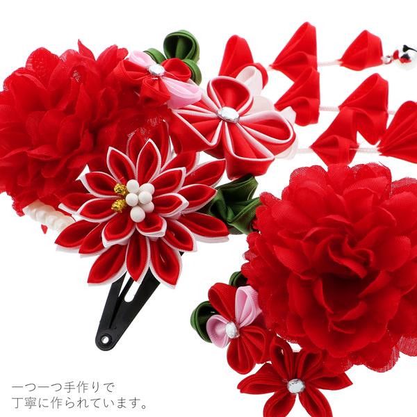 七五三 髪飾り 三歳「つまみ細工　お花の髪飾り　赤　932」 お花のパッチン留めミニ髪飾り2点セット 日本製 ヘアアクセサリー お子様用髪飾り 七五三髪飾り＜H＞【メール便不可】