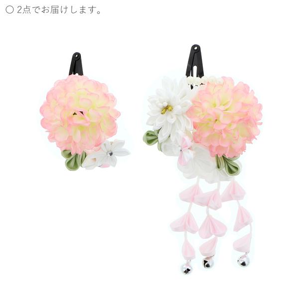 七五三 髪飾り 三歳「つまみ細工　お花の髪飾り　淡いピンク、白　932」 お花のパッチン留めミニ髪飾り2点セット 日本製 ヘアアクセサリー お子様用髪飾り 七五三髪飾り＜H＞【メール便不可】