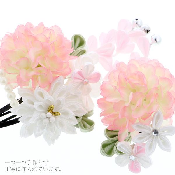 七五三 髪飾り 三歳「つまみ細工　お花の髪飾り　淡いピンク、白　932」 お花のパッチン留めミニ髪飾り2点セット 日本製 ヘアアクセサリー お子様用髪飾り 七五三髪飾り＜H＞【メール便不可】