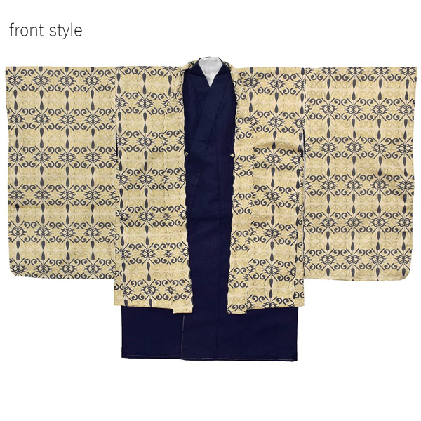 七五三 着物 男の子 3歳〜5歳 羽織袴セット 「シャンパンゴールド　唐草　紺色　906」 小柄な五歳 大きな三歳向け 対応身長100cm〜110cm前後 着物セット 男児用 3才〜5才 着物セット 子供着物 五才のお祝い着 3歳〜5歳向け ＜H＞【メール便不可】