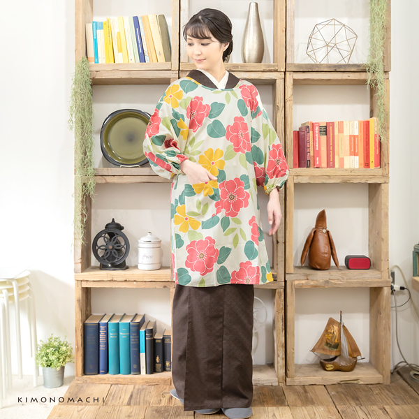 ロング丈 割烹着「白色 フラワー」日本製 オシャレ かわいい 綿割烹着 ロング割烹着 着物割烹着 エプロン プレゼント最適品 【送料無料】【メール便対不可】