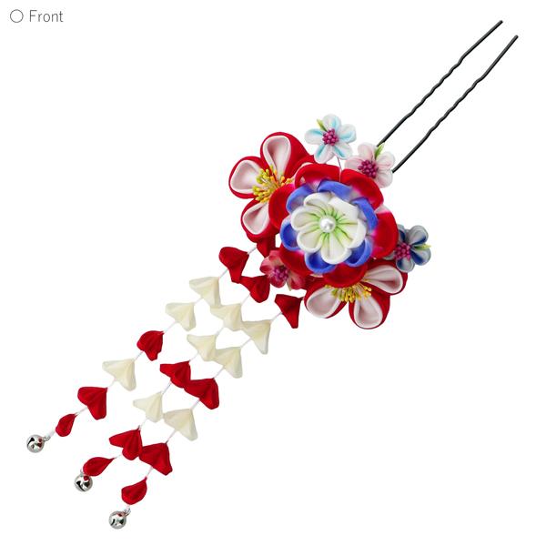 髪飾り 成人式 「つまみ細工かんざし　瑠璃色×赤、つまみの八重梅、房下がり」 簪 振袖用髪飾り お花髪飾り 卒業式 結婚式 着物 【メール便不可】
