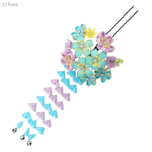 髪飾り 成人式 「つまみ細工かんざし　ブルー　桜とつまみ、房下がり」 簪 振袖用髪飾り お花髪飾り 卒業式 結婚式 着物 【メール便不可】