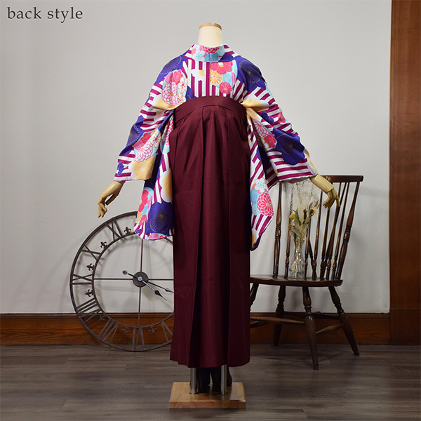 袴 セット 卒業式 女性 3点セット 「二尺袖：紫色　縞に梅＋袴：エンジ＋袴下帯：赤・緑・黄色・ピンク」 レディース 袴セット 二尺袖着物セット 着物 卒業 二尺袖 袴 【メール便不可】