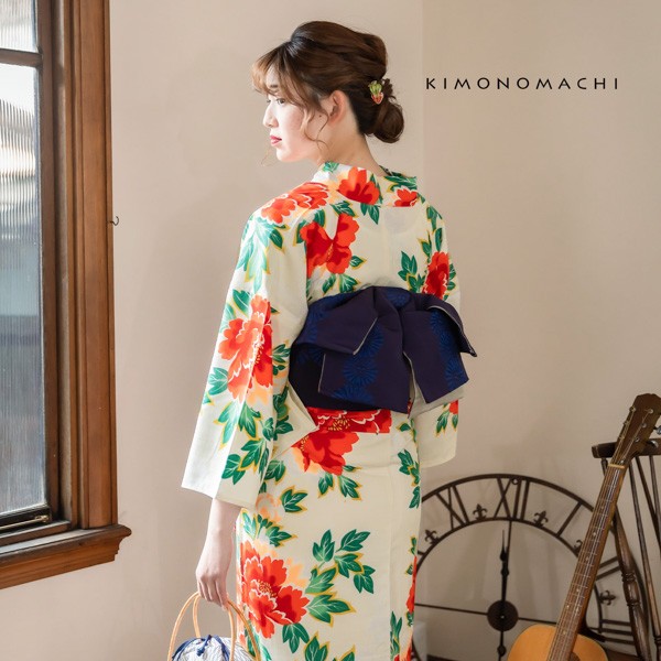 KIMONOMACHI オリジナル 浴衣 レディース 吸水速乾 CoolPass ポリエステル浴衣 「白地 牡丹」 Fサイズ LLサイズ