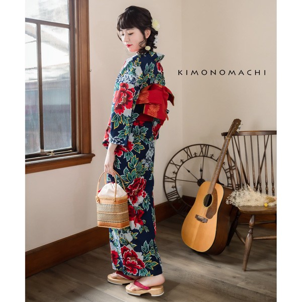 KIMONOMACHI オリジナル 浴衣 レディース 吸水速乾 CoolPass ポリエステル浴衣 「紺地 牡丹」 Fサイズ LLサイズ