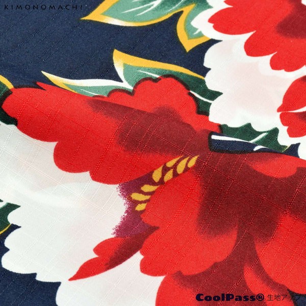 KIMONOMACHI オリジナル 浴衣 レディース 吸水速乾 CoolPass ポリエステル浴衣 「紺地 牡丹」 Fサイズ LLサイズ