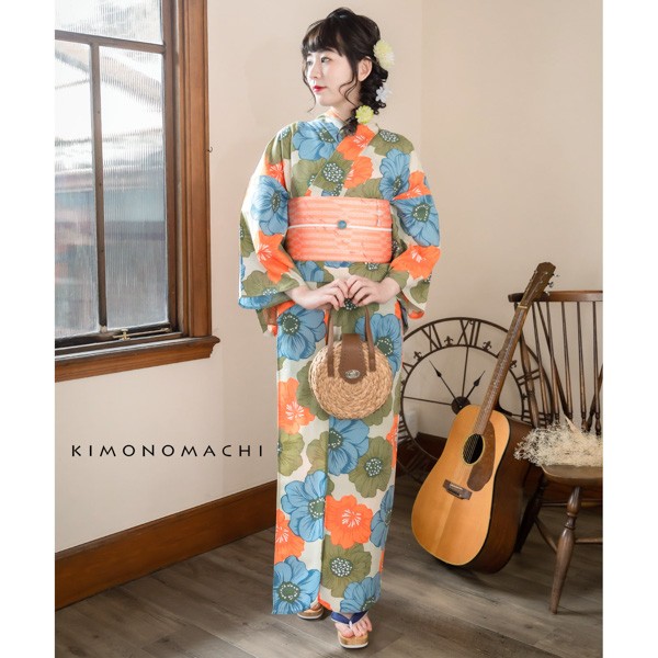 KIMONOMACHI オリジナル 浴衣 レディース 吸水速乾 CoolPass ポリエステル浴衣 「ベージュグリーン ポピー」 Fサイズ LLサイズ