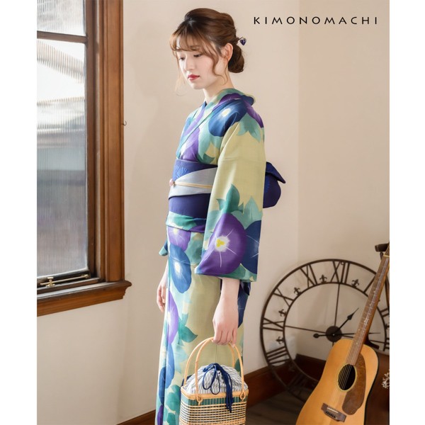 KIMONOMACHI オリジナル 浴衣 レディース 吸水速乾 CoolPass ポリエステル浴衣 「抹茶色、紺朝顔」 Fサイズ LLサイズ