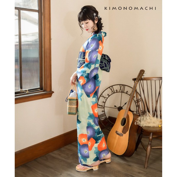 KIMONOMACHI オリジナル 浴衣 レディース 吸水速乾 CoolPass ポリエステル浴衣 「薄白緑色、橙朝顔」 Fサイズ LLサイズ