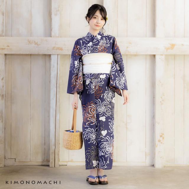 KIMONOMACHI オリジナル 浴衣 レディース 吸水速乾 ポリエステル浴衣 「藤褐色 花火菊、橙」 Fサイズ LLサイズ