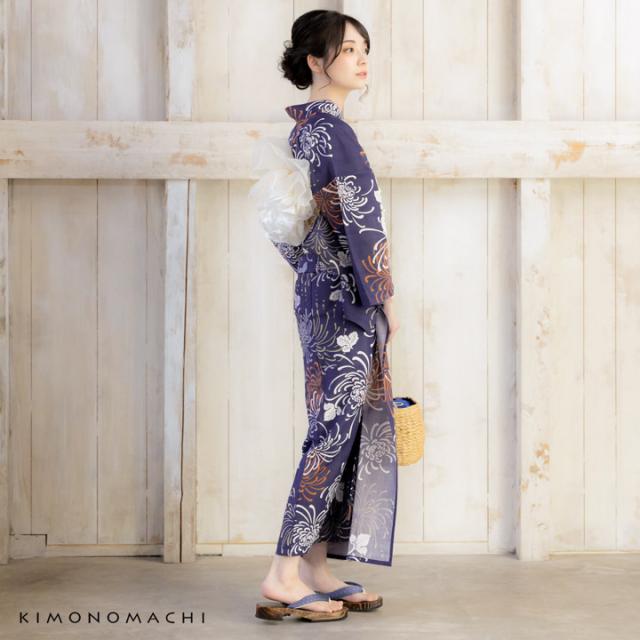KIMONOMACHI オリジナル 浴衣 レディース 吸水速乾 ポリエステル浴衣 「藤褐色 花火菊、橙」 Fサイズ LLサイズ