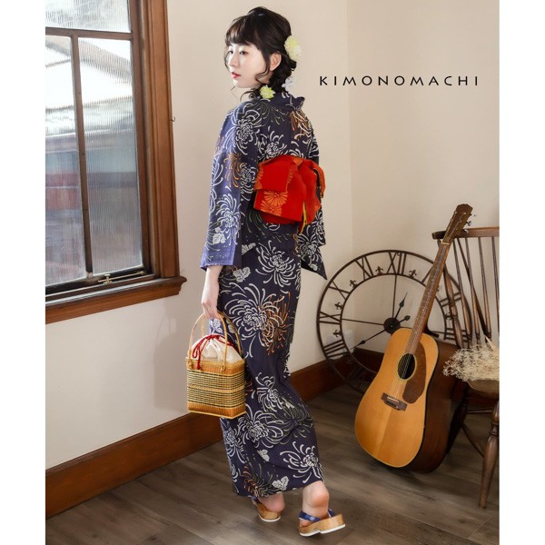 KIMONOMACHI オリジナル 浴衣 レディース 吸水速乾 ポリエステル浴衣 「藤褐色 花火菊、橙」 Fサイズ LLサイズ