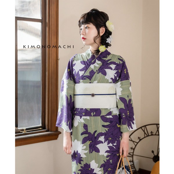 KIMONOMACHI オリジナル 浴衣 レディース 吸水速乾 ポリエステル浴衣 「モスストライプ、ダリア」 Fサイズ LLサイズ