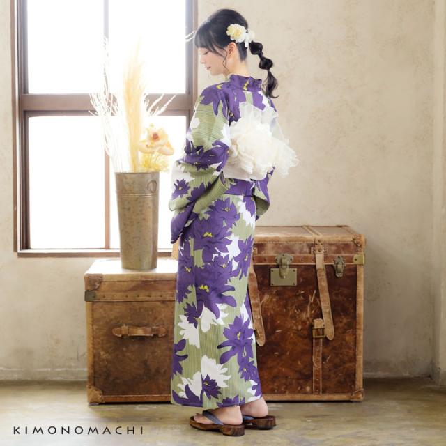 KIMONOMACHI オリジナル 浴衣 レディース 吸水速乾 ポリエステル浴衣 「モスストライプ、ダリア」 Fサイズ LLサイズ