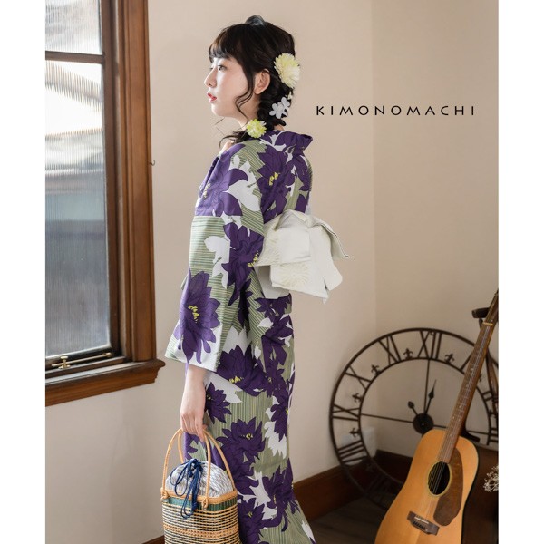 KIMONOMACHI オリジナル 浴衣 レディース 吸水速乾 ポリエステル浴衣 「モスストライプ、ダリア」 Fサイズ LLサイズ