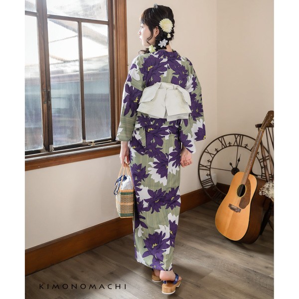 KIMONOMACHI オリジナル 浴衣 レディース 吸水速乾 ポリエステル浴衣 「モスストライプ、ダリア」 Fサイズ LLサイズ
