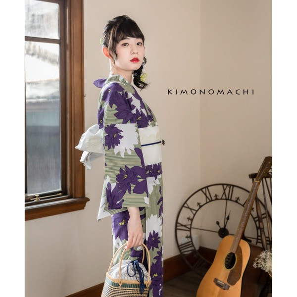 KIMONOMACHI オリジナル 浴衣 レディース 吸水速乾 ポリエステル浴衣 「モスストライプ、ダリア」 Fサイズ LLサイズ