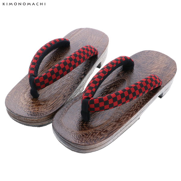 女性下駄単品「市松　赤×黒」フリーサイズ（Lサイズ）・LLサイズ 23〜25.5cm 痛くなりにくい 下駄 女性 レディース KIMONOMACHIオリジナル 桐下駄 浴衣・夏着物に 浴衣下駄 【メール便不可】