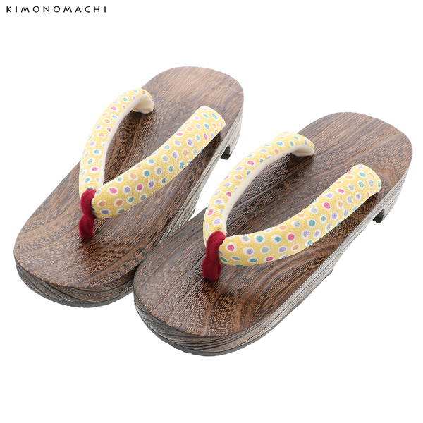 女性下駄単品「ドット イエロー」フリーサイズ(Lサイズ)・LLサイズ 23〜25.5cm 痛くなりにくい 下駄 女性 レディース KIMONOMACHIオリジナル 桐下駄 浴衣・夏着物に 浴衣下駄 【メール便不可】
