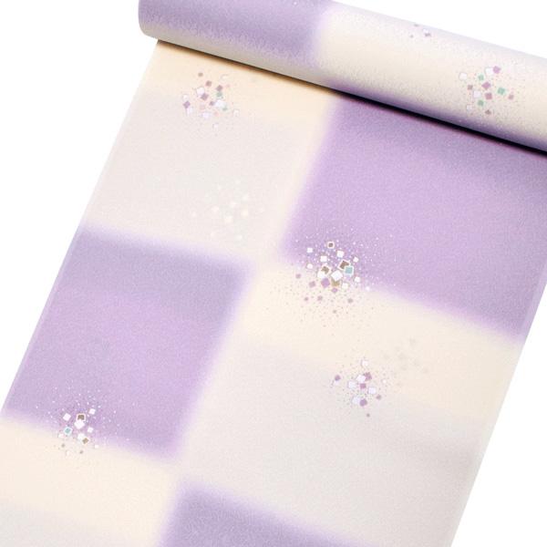 東レシルック かよういろ 森 荷葉プロデュース 反物 「クリーム×藤色、市松 砂子」ポリエステル 日本製 未仕立て 小紋 単衣 袷<T>【メール便不可】