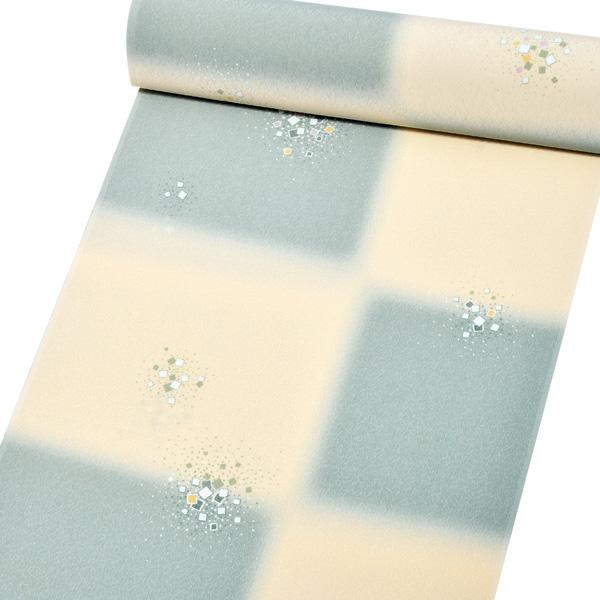 東レシルック かよういろ 森 荷葉プロデュース 反物 「クリーム×柳色、市松　砂子」ポリエステル 日本製 未仕立て 小紋 単衣 袷＜T＞【メール便不可】