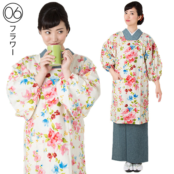 ロング丈 割烹着「お花柄・ストライプ・麻の葉・ブーケ・絣風・七宝・アニマル・黒猫・白猫・水玉・ゆらぎ縞・千鳥・クマのパン屋さん・フラワー　全18柄」日本製