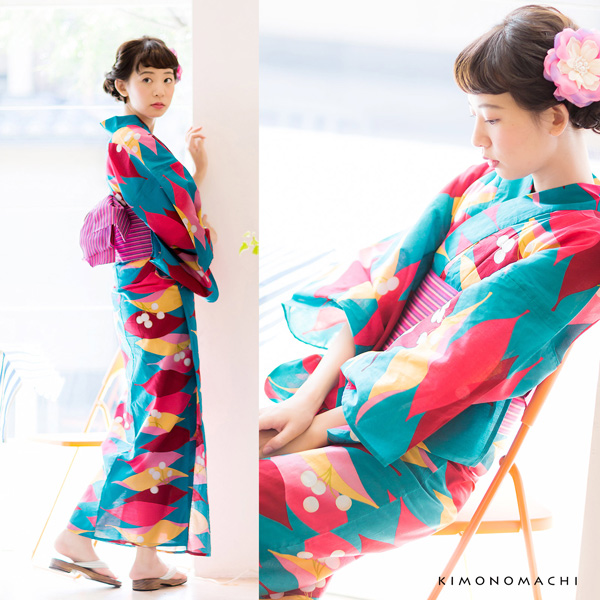 裂織半幅帯(赤ピンク・縞) KIMONOMACHI 浴衣 帯 半幅帯 「縞 赤ピンク・ブルー・青緑