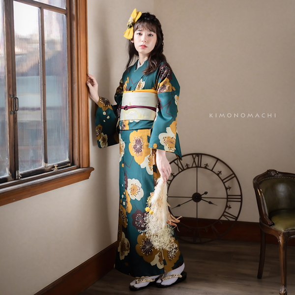 洗える着物 セット 「袷着物：梅 青緑＋京袋帯：日向の白猫」 KIMONOMACHI オリジナル 着物と帯の2点セット サイズS/M/L/TL/LL