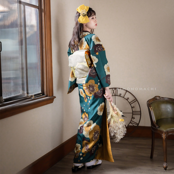 洗える着物 セット 「袷着物：梅 青緑＋京袋帯：日向の白猫」 KIMONOMACHI オリジナル 着物と帯の2点セット サイズS/M/L/TL/LL