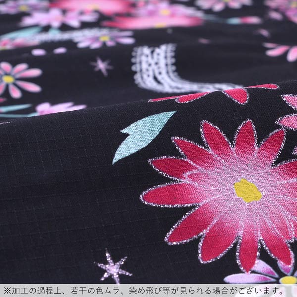 浴衣 レディース 単品 「変わり生地浴衣黒　リボンとマーガレット」 フリーサイズ yukata 【メール便不可】