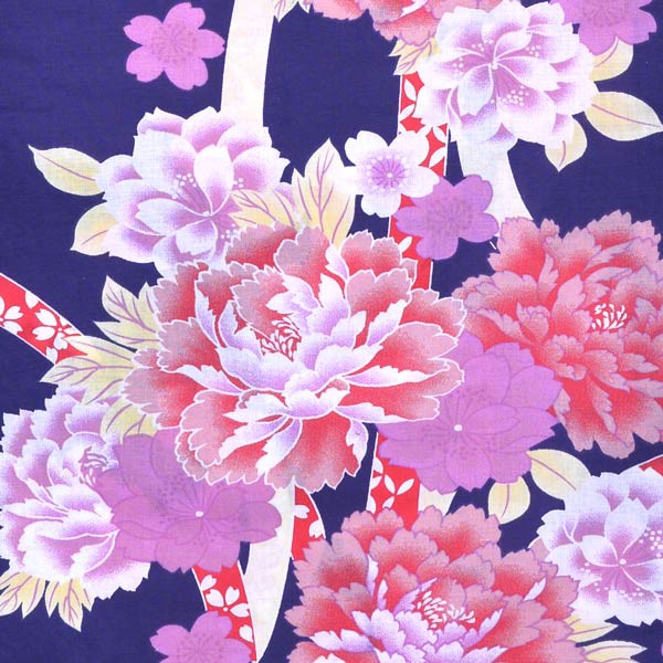 浴衣 レディース 単品 「夏ごころ浴衣　紺　ピンク、赤色の牡丹」 フリーサイズ yukata 【メール便不可】