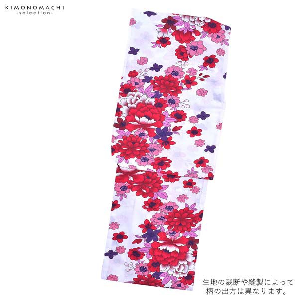 浴衣 レディース 単品「風香 白地 赤の牡丹と桜」 フリーサイズ yukata 【メール便不可】