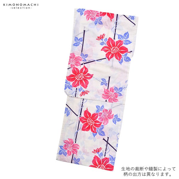 浴衣 レディース 単品 「CANON　白地　 ピンクの鉄線に竹垣」 2LW 大きいサイズ yukata 【メール便不可】