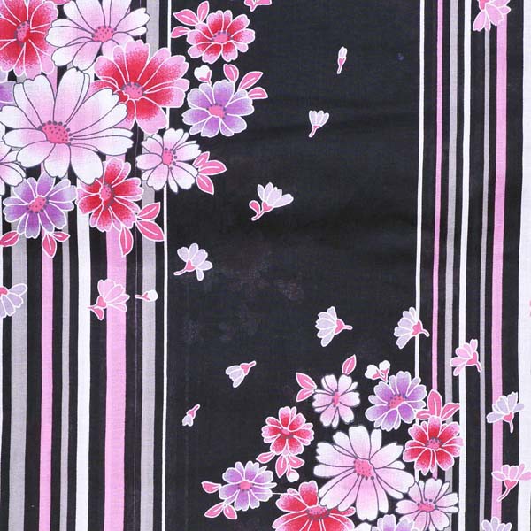 浴衣 レディース 単品「黒地 ストライプにピンクのコスモス」フリーサイズ yukata 【メール便不可】