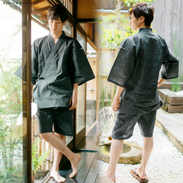 しじら織り 綿麻甚平＋下駄の竹籠入りギフトセット