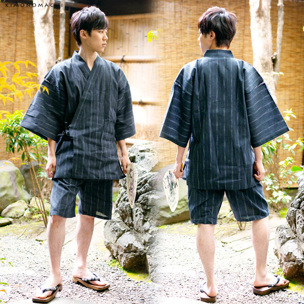 しじら織り 綿麻甚平+うちわの竹籠入りギフトセット