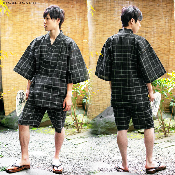 しじら織り 綿麻甚平+雪駄+うちわの竹籠入りギフトセット