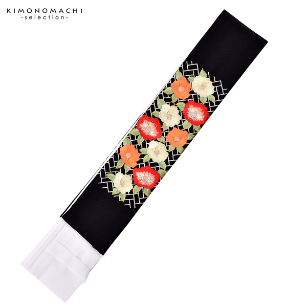 衿秀 き楽っく専用替え衿 「黒 網代に椿 12-0600」 ローズカラー 新ローズカラー 広衿 柄半衿 半襟 長襦袢用替え衿 ファスナー式 替え衿 き楽っく 付け衿 ※襦袢、袖は別売りです※ 襟の衿秀 【メール便不可】