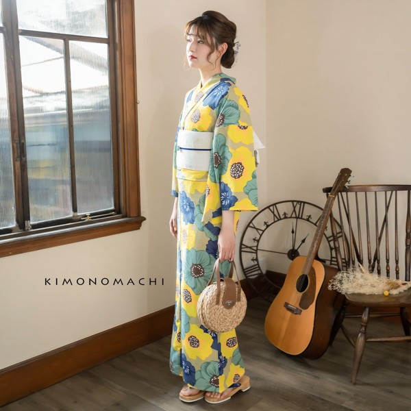 KIMONOMACHI オリジナル 浴衣 3点セット (浴衣+帯+下駄)レディース 吸水速乾 CoolPass ポリエステル浴衣「ライトカーキ ポピー」 Fサイズ LLサイズ