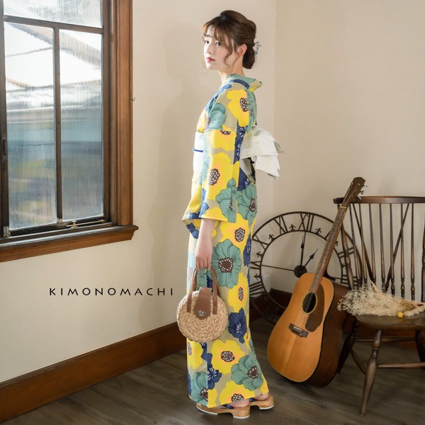 KIMONOMACHI オリジナル 浴衣 3点セット (浴衣+帯+下駄)レディース 吸水速乾 ポリエステル浴衣「ライトカーキ ポピー」 Fサイズ LLサイズ