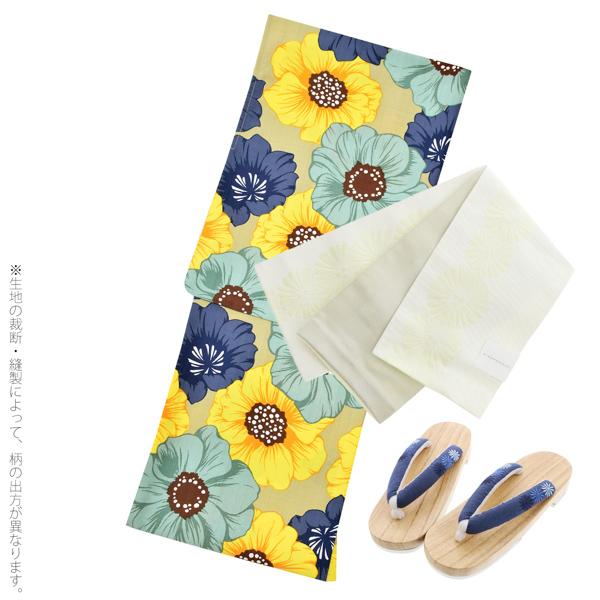 KIMONOMACHI オリジナル 浴衣 3点セット (浴衣+帯+下駄)レディース 吸水速乾 ポリエステル浴衣「ライトカーキ ポピー」 Fサイズ LLサイズ