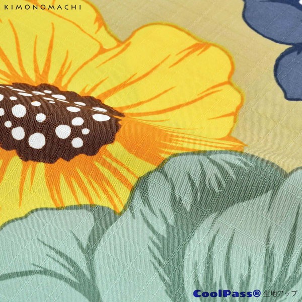 KIMONOMACHI オリジナル 浴衣 3点セット (浴衣+帯+下駄)レディース 吸水速乾 ポリエステル浴衣「ライトカーキ ポピー」 Fサイズ LLサイズ