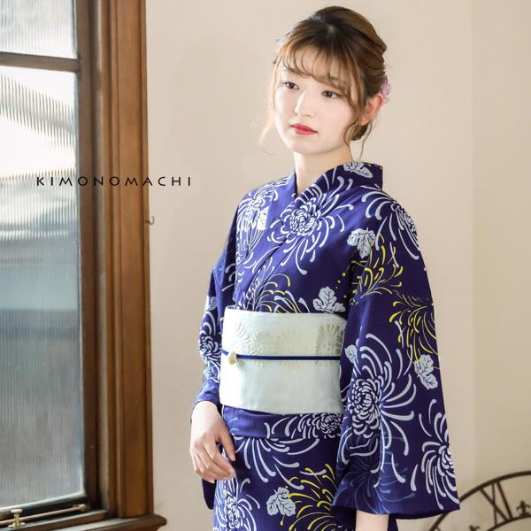 KIMONOMACHI オリジナル 浴衣 3点セット (浴衣+帯+下駄)レディース 吸水速乾 ポリエステル浴衣「濃藍地 花火菊、黄」 Fサイズ LLサイズ