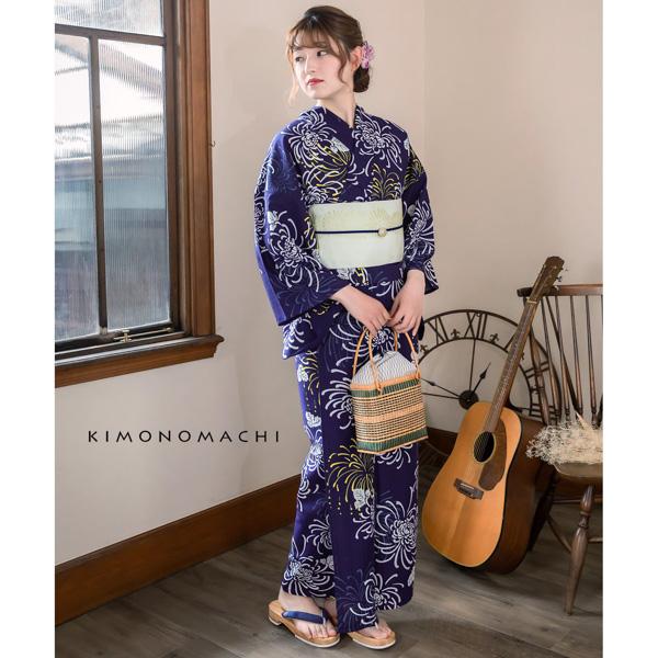 KIMONOMACHI オリジナル 浴衣 3点セット (浴衣+帯+下駄)レディース 吸水速乾 ポリエステル浴衣「濃藍地 花火菊、黄」 Fサイズ LLサイズ