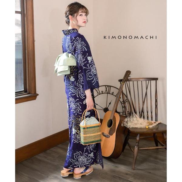 KIMONOMACHI オリジナル 浴衣 3点セット (浴衣+帯+下駄)レディース 吸水速乾 ポリエステル浴衣「濃藍地 花火菊、黄」 Fサイズ LLサイズ