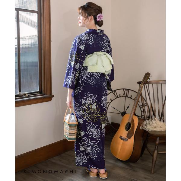 KIMONOMACHI オリジナル 浴衣 3点セット (浴衣+帯+下駄)レディース 吸水速乾 ポリエステル浴衣「濃藍地 花火菊、黄」 Fサイズ LLサイズ