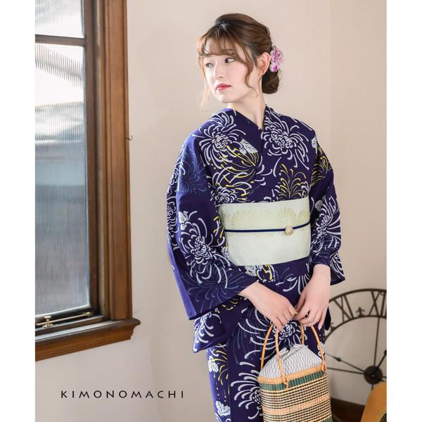 KIMONOMACHI オリジナル 浴衣 3点セット (浴衣+帯+下駄)レディース 吸水速乾 ポリエステル浴衣「濃藍地 花火菊、黄」 Fサイズ LLサイズ